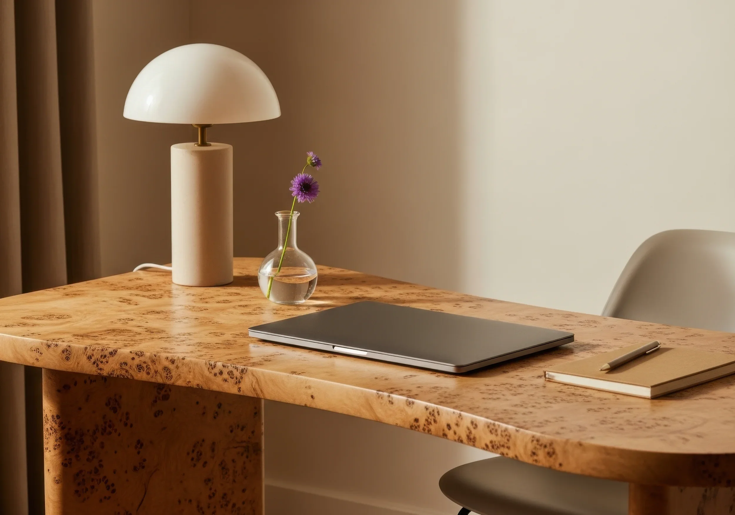 Virtual interior design plan on a laptop at a burl wood desk